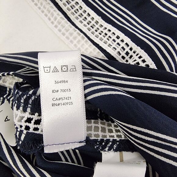 Ann Taylor LOFT Womens Top Medium Sheer White Navy Stripe Lace Trim Short Sleeve - Picture 10 of 10